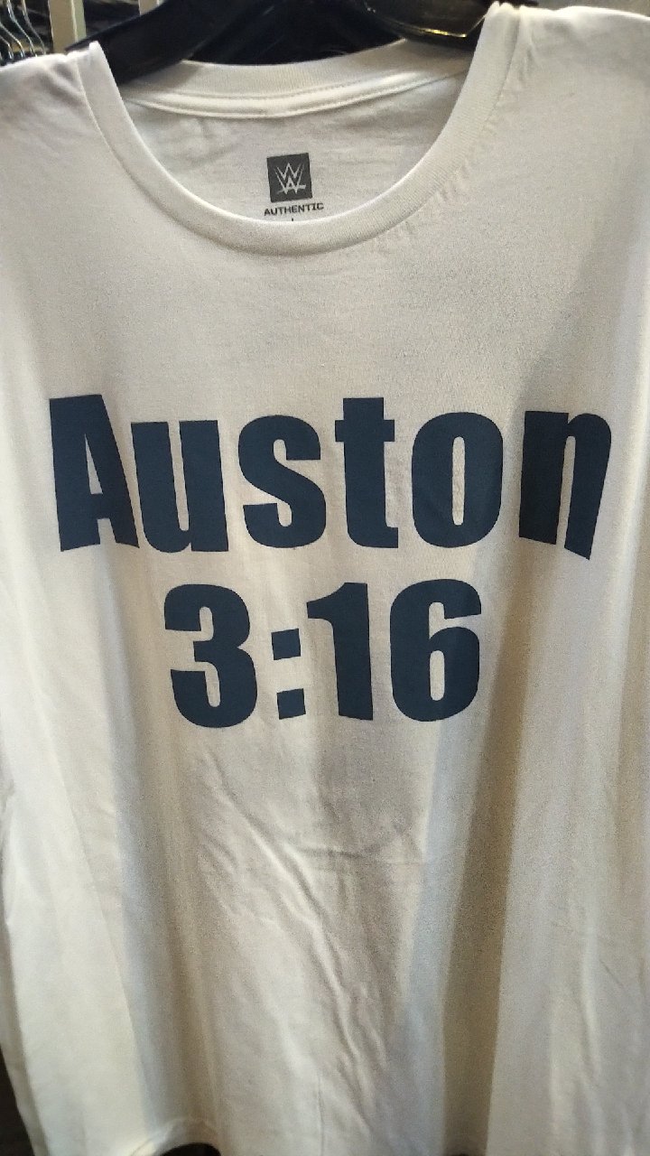 An Auston 3:16 t-shirt at the WWE Money in the Bank pop-up store in Toronto on Saturday, July 6, 2024. Photo by Bob Kapur