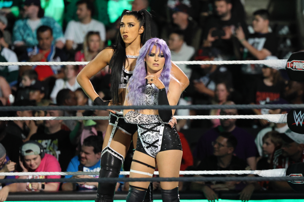 Indi Hartwell & Candice LeRae at WWE Smackdown on Friday, July 5, 2024, at Scotiabank Arena in Toronto. Photo by Steve Argintaru, Twitter/IG: @stevetsn