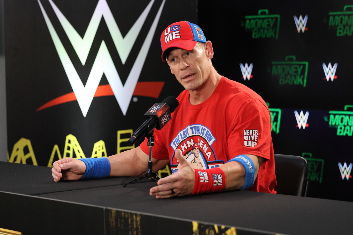 John Cena speaks at the Money In The Bank post-event media conference on Saturday, July 6, 2024, at Scotiabank Arena in Toronto. Photo by Steve Argintaru, Twitter/IG: @stevetsn