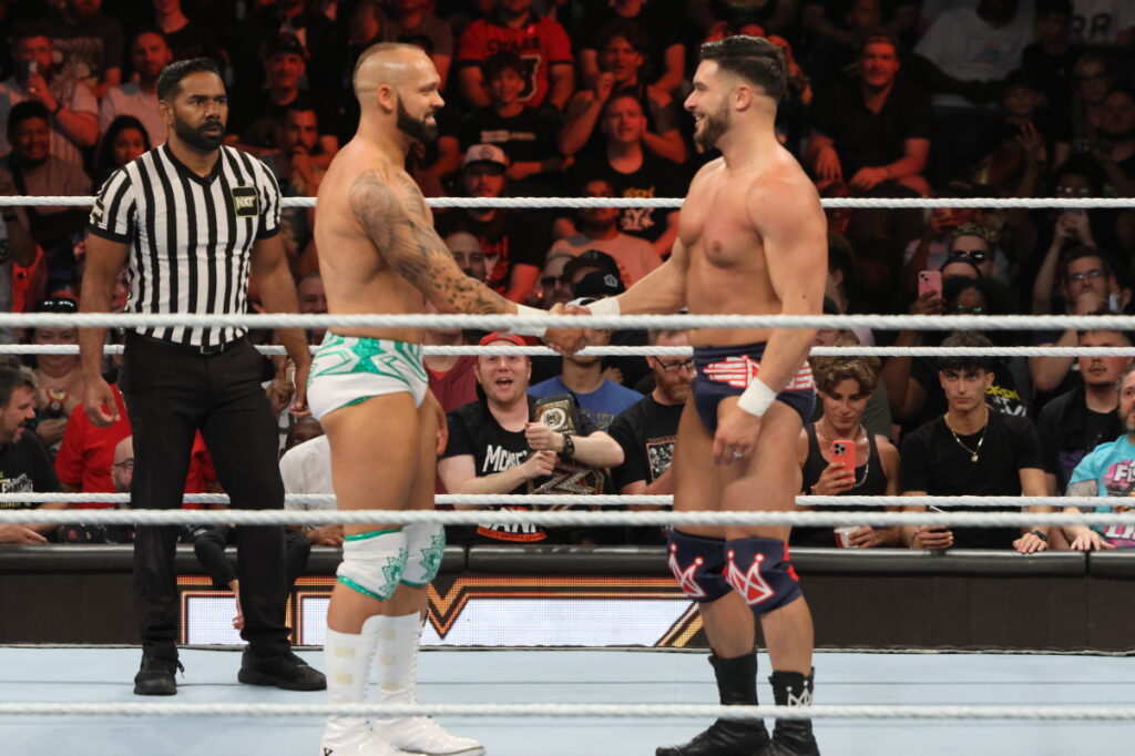 Canadians Shawn Spears and Ethan Page shake hands during the Fatal 4-Way main event for the NXT Championship at NXT Heatwave on Sunday, July 7, 2024, at Scotiabank Arena in Toronto. Photo by Steve Argintaru, Twitter/IG: @stevetsn