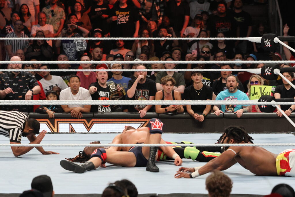 A dazed Ethan Page, after taking a jumping knee strike from Trick Williams, falls into the cover and becomes the new NXT Champion at Scotiabank Arena in Toronto. Photo by Steve Argintaru, Twitter/IG: @stevetsn