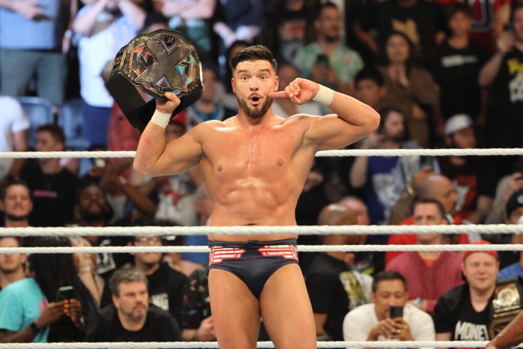 Ethan Page reacts after winning the NXT championship belt in a Fatal 4-Way match vs. Trick Williams, Shawn Spears and Je'Von Evans at NXT Heatwave Scotiabank Arena in Toronto. Photo by Steve Argintaru, Twitter/IG: @stevetsn