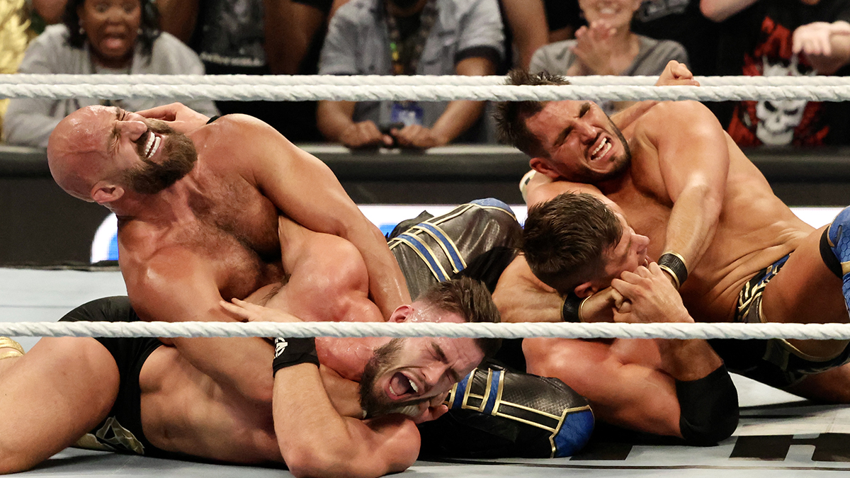 Tommaso Ciampa and Johnny Gargano vs A-Town Down Under at WWE Smackdown on Friday, July 5, 2024, at Scotiabank Plaza in Toronto. Photo by Steve Argintaru, Twitter/IG: @stevetsn