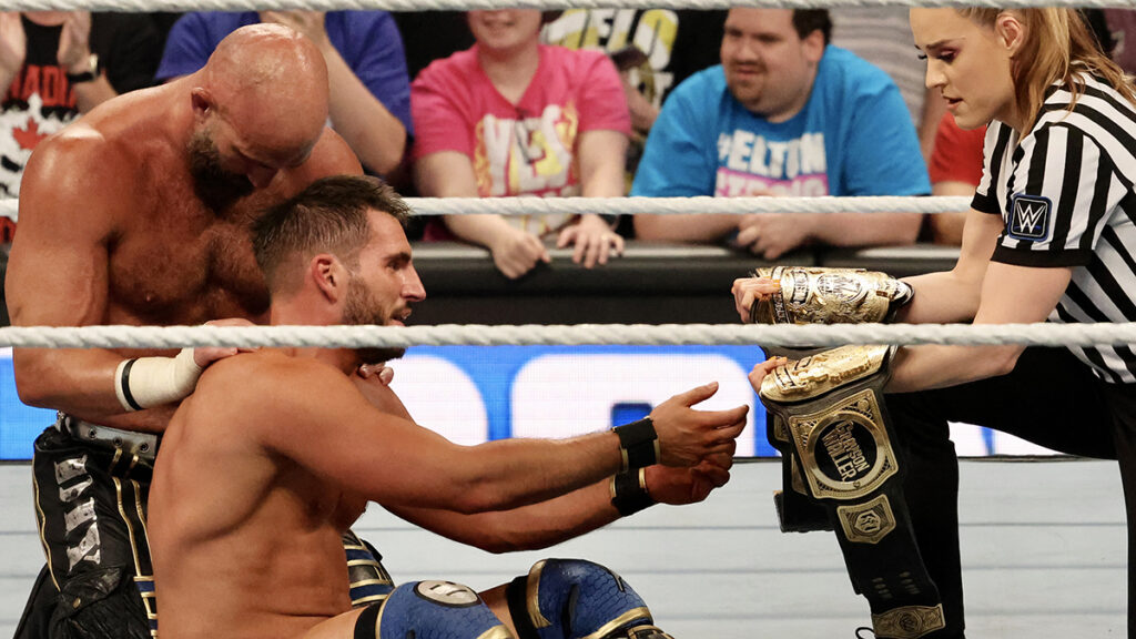 Tommaso Ciampa and Johnny Gargano win the WWE Tag Team titles at WWE Smackdown on Friday, July 5, 2024, at Scotiabank Arena in Toronto. Photo by Steve Argintaru, Twitter/IG: @stevetsn