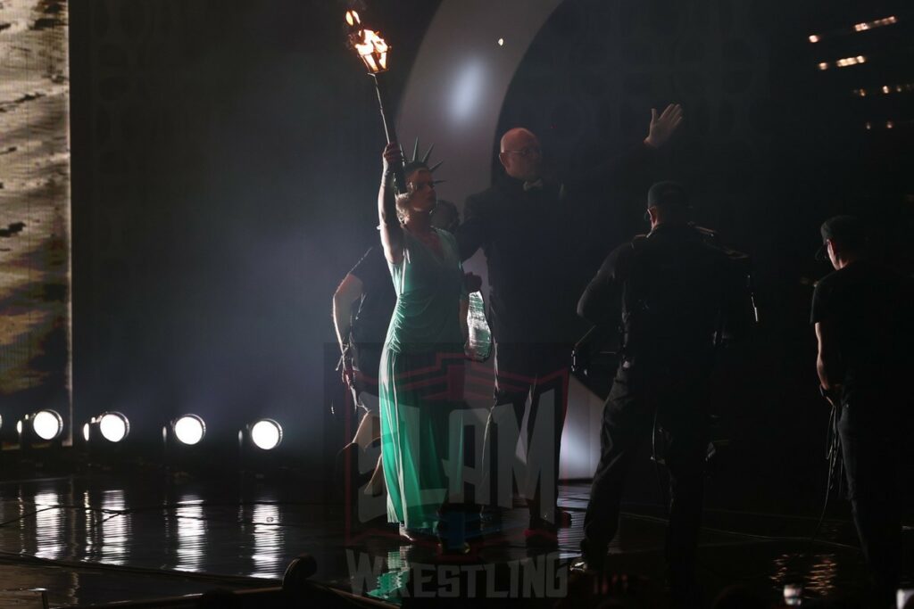 Toni Storm as the Statue of Liberty with Luther at AEW Forbidden Door at UBS Arena in Belmont Park, NY, on Long Island, on Sunday, June 30, 2024. Photo by George Tahinos, https://georgetahinos.smugmug.com