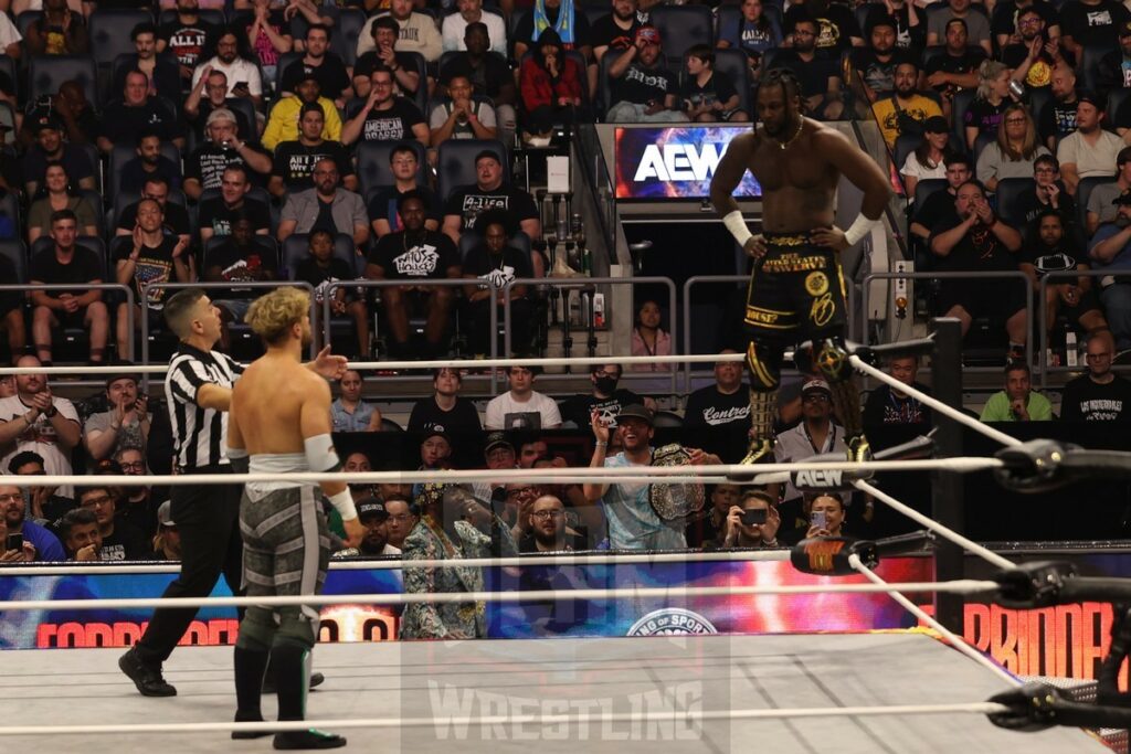 AEW World Championship: Swerve Strickland (C) (w/ Prince Nana) Vs. Will Ospreay at AEW Forbidden Door at UBS Arena in Belmont Park, NY, on Long Island, on Sunday, June 30, 2024. Photo by George Tahinos, https://georgetahinos.smugmug.com