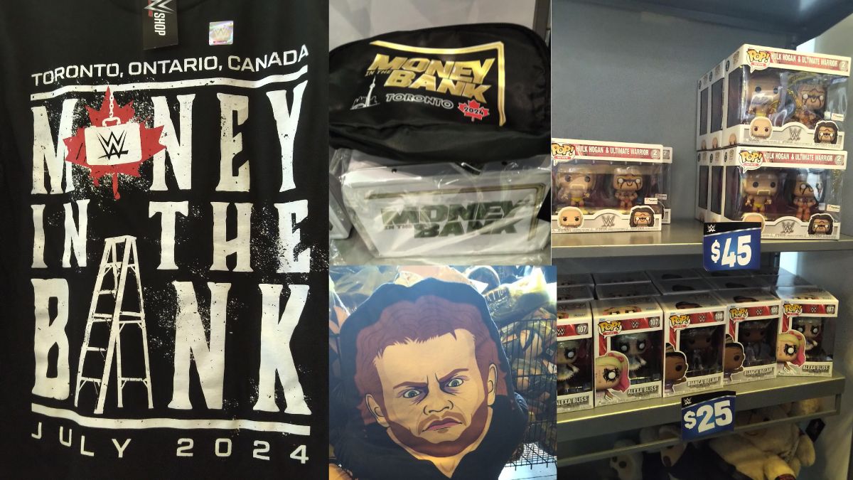 Merchandise at the WWE Money in the Bank pop-up store in Toronto on Saturday, July 6, 2024, included, clockwise from left, a Toronto-specific Money in the Bank T-shirt, a MITB briefcase and bag, Funko Pops, and an Undertaker plushy. Photos by Bob Kapur