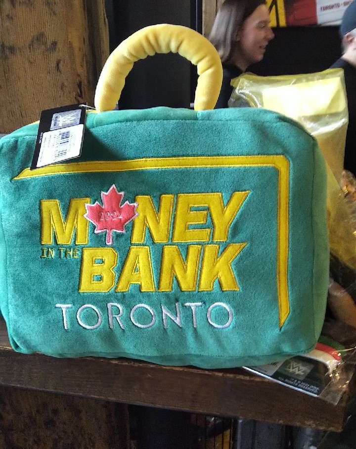 A plush suitcase at the WWE Money in the Bank pop-up store in Toronto on Saturday, July 6, 2024. Photo by Bob Kapur