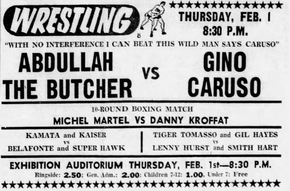 Abdullah the Butcher vs Gino Caruso (Pete Sanchez) in the main event in Regina, Saskatchewan, on February 1, 1973.