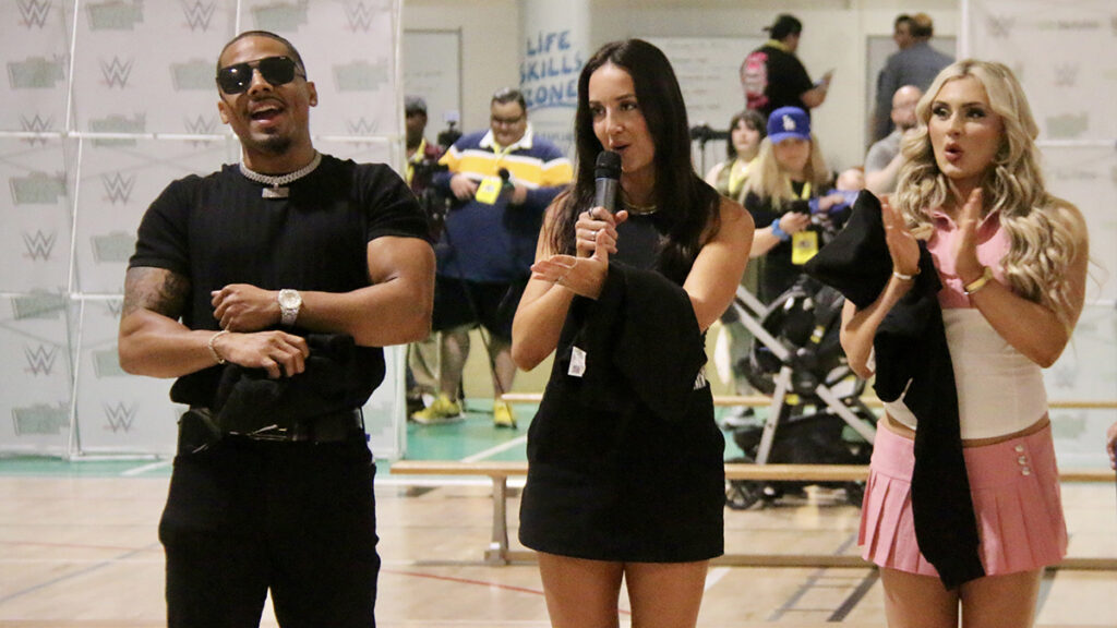 Carmelo Hayes, Chelsea Green and Tiffany Stratton at MLSE LaunchPad in Toronto, on Friday, July 5, 2024. Photo by Steve Argintaru, Twitter/IG: @stevetsn