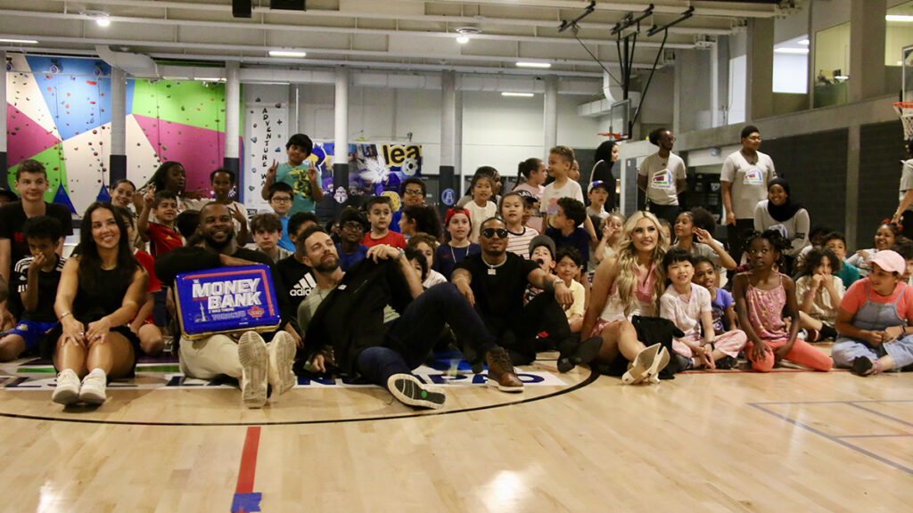 Chelsea Green, LA Knight Carmelo Hayes and Tiffany Stratton with kids at MLSE LaunchPad in Toronto, on Friday, July 5, 2024. Photo by Steve Argintaru, Twitter/IG: @steven