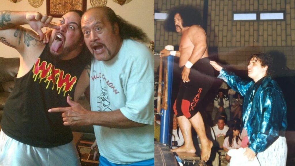 Left: Afa Anoia Jr. with his father Afa Anoai Sr.; Right: Afa the Wild Samoan with manager Carmine DeSpirito