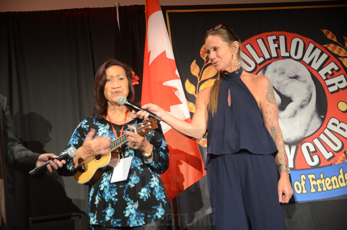 Ata Maivia performs with Debrah "Madusa" Miceli holding the mic at the Cauliflower Alley Club reunion banquet at the Plaza Hotel & Casino in Las Vegas on Tuesday, August 20 2024. Photo by Brad McFarlin