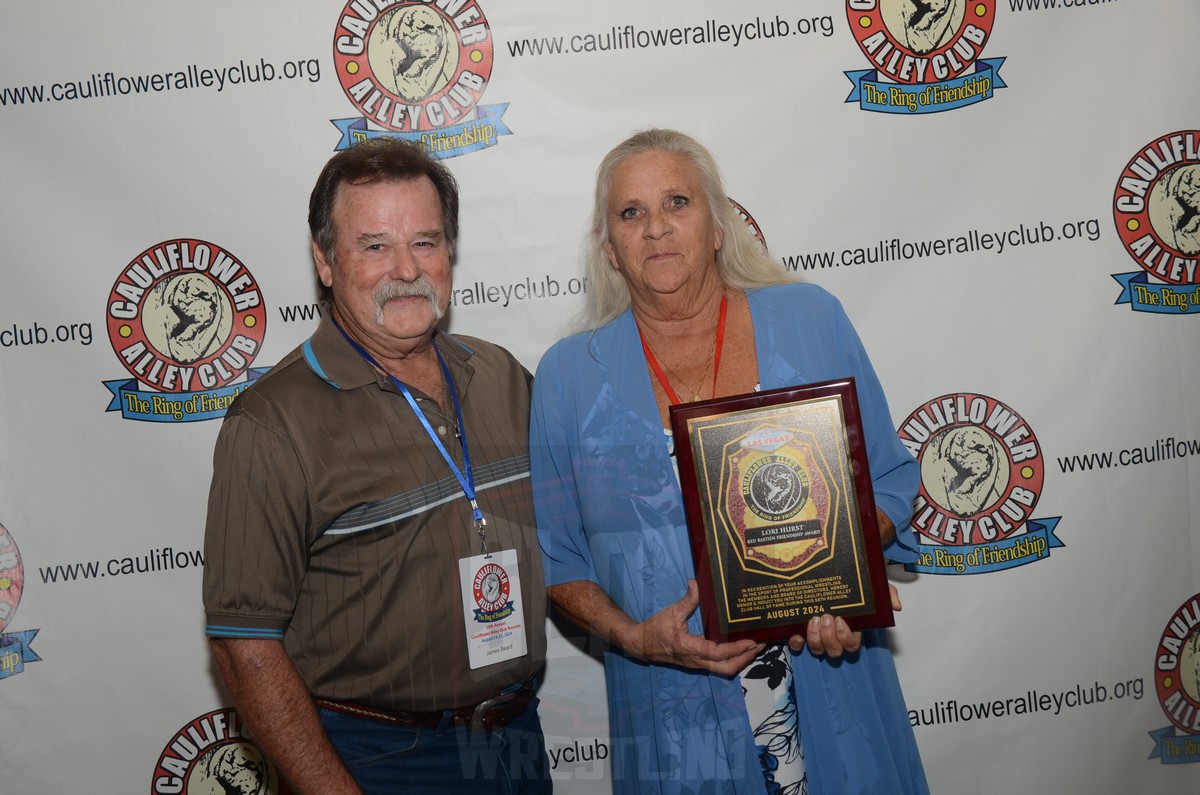 Lori McGee Hurst and her presenter James Beard at the Cauliflower Alley Club reunion banquet at the Plaza Hotel & Casino in Las Vegas on Tuesday, August 20 2024. Photo by Brad McFarlin