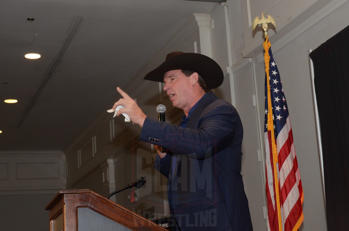 JBL talks about the Dudley Boyz at the Cauliflower Alley Club reunion banquet at the Plaza Hotel & Casino in Las Vegas on Tuesday, August 20, 2024. Photo by Brad McFarlin