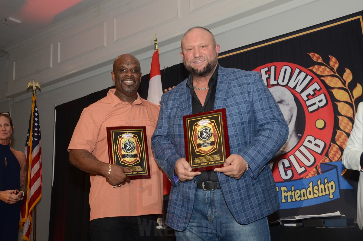 D-Von and Bubba Ray Dudley with the Tag Team Award at the Cauliflower Alley Club reunion banquet at the Plaza Hotel & Casino in Las Vegas on Tuesday, August 20 2024. Photo by Brad McFarlin