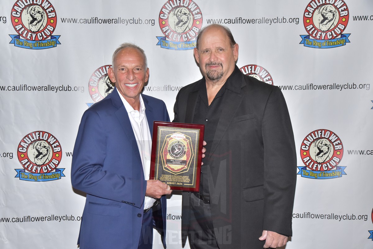 Charlie Smith Referee Award winner "Fonzie" Bill Alfonso and his presenter "The Cuban Assassin" Fidel Sierra at the Cauliflower Alley Club reunion at the Plaza Hotel & Casino in Las Vegas on Wednesday, August 21, 2024. Photo by Scott Romer