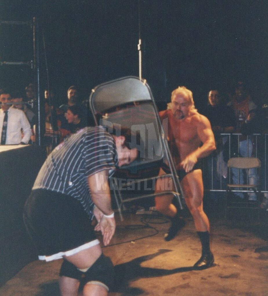 Kevin Sullivan battles Rocco Rock of Public Enemy in ECW. Photo by George Tahinos, https://georgetahinos.smugmug.com