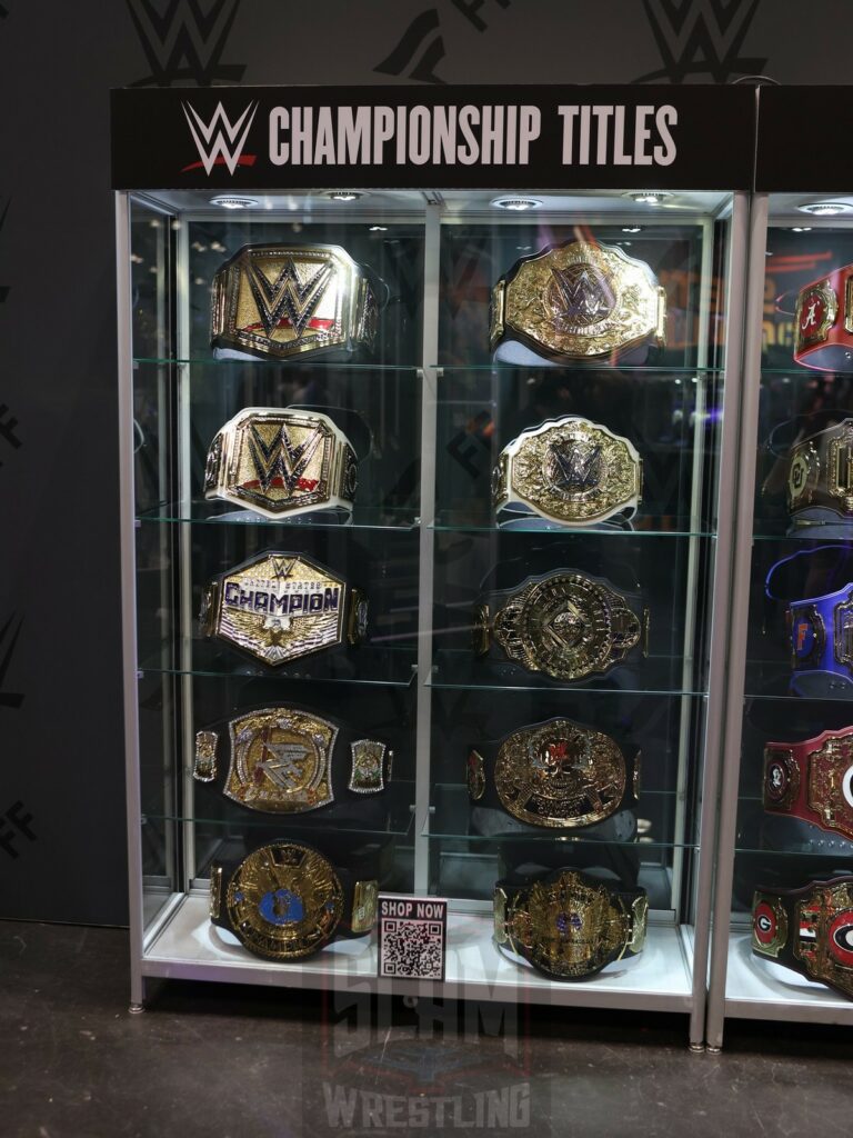 WWE championship titles on display at Fanatics Fest NYC, Friday, August 16 to Sunday, August 18, 2024, at the Jacob K. Javits Convention Center, in New York City Photo by George Tahinos, https://georgetahinos.smugmug.com