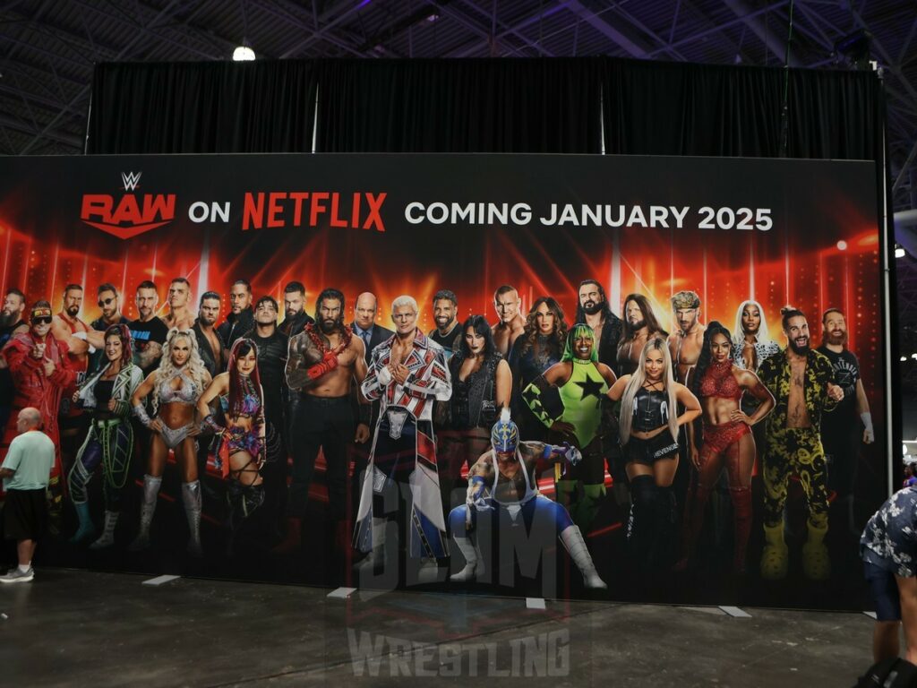 A promotional wall for WWE Raw on Netflix at Fanatics Fest NYC, Friday, August 16 to Sunday, August 18, 2024, at the Jacob K. Javits Convention Center, in New York City Photo by George Tahinos, https://georgetahinos.smugmug.com