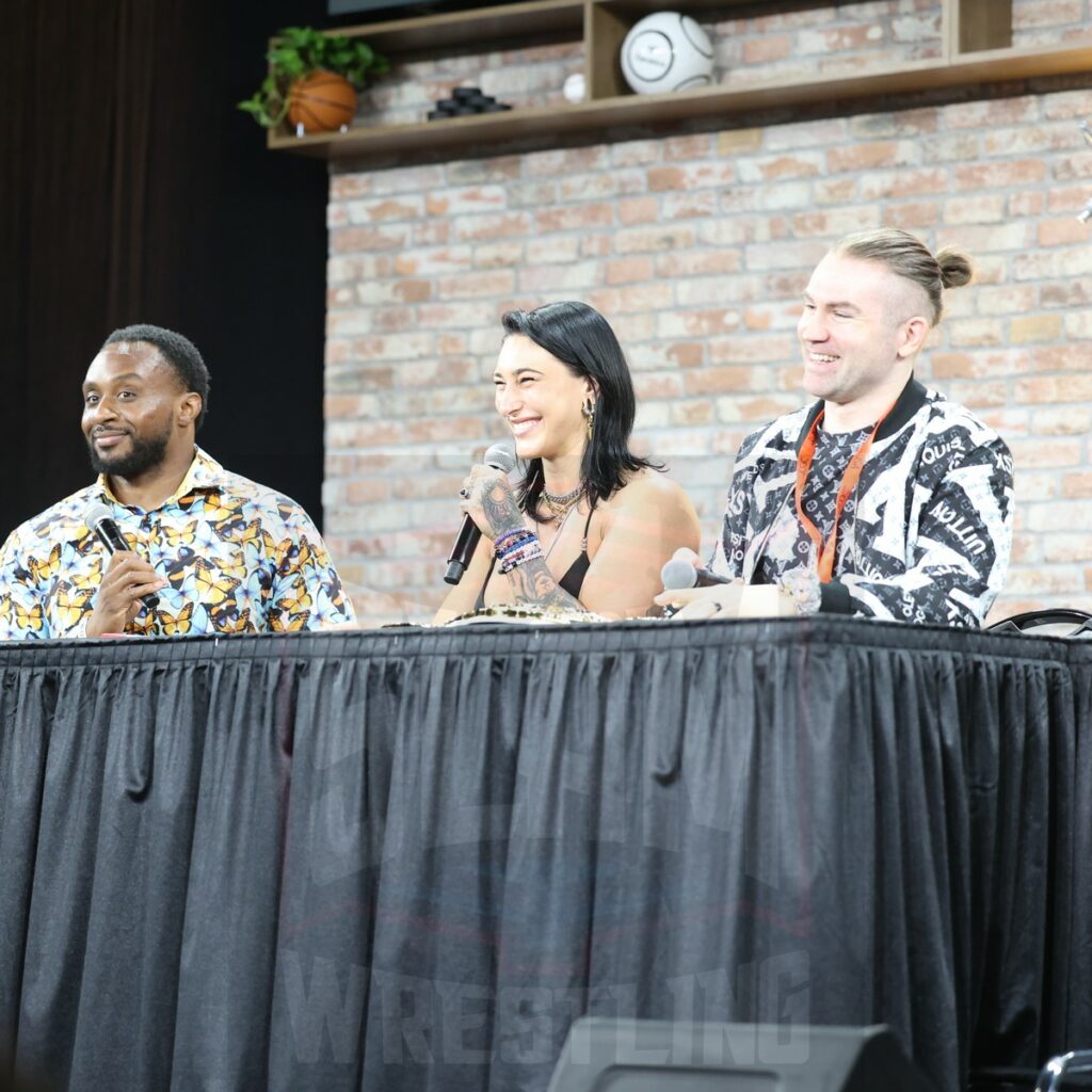 Big E and Rhea Ripley at Fanatics Fest NYC, Friday, August 16 to Sunday, August 18, 2024, at the Jacob K. Javits Convention Center, in New York City Photo by George Tahinos, https://georgetahinos.smugmug.com