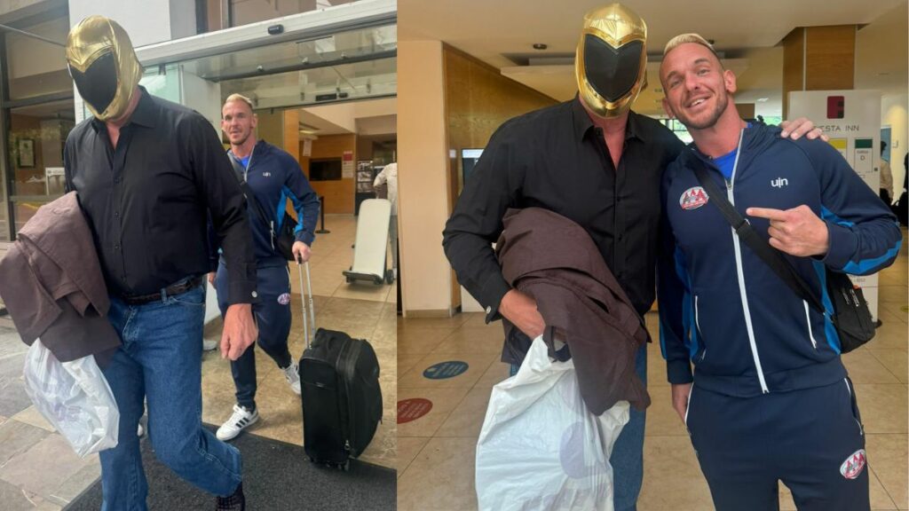 JBL under a Tinieblas Jr mask and Sam Adonis on August 18, 2024, before AAA TripleMania. X photo