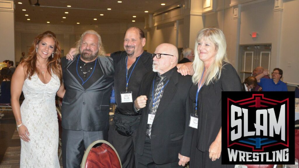 From left to right, Jenni Santana, Andrew Anderson, "Cuban Assassin" Fidel Sierra, Kevin Sullivan and Fantasy at the 2022 Cauliflower Alley Club awards banquet on Wednesday, September 28, 2022, at the Plaza Hotel & Casino in Las Vegas. Photo by Wayne Palmer