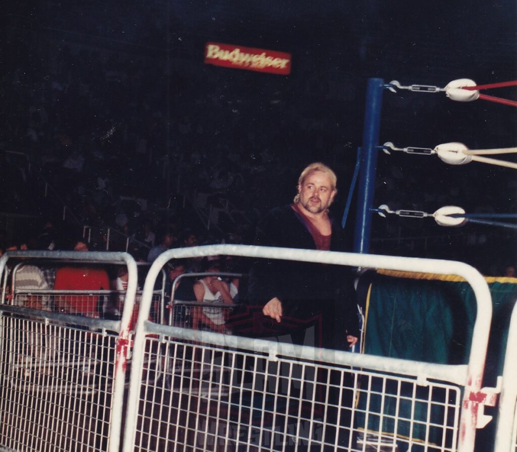 Kevin Sullivan at ringside as a manager in WCW during a bout in London, Ontario. Photo by Terry Dart