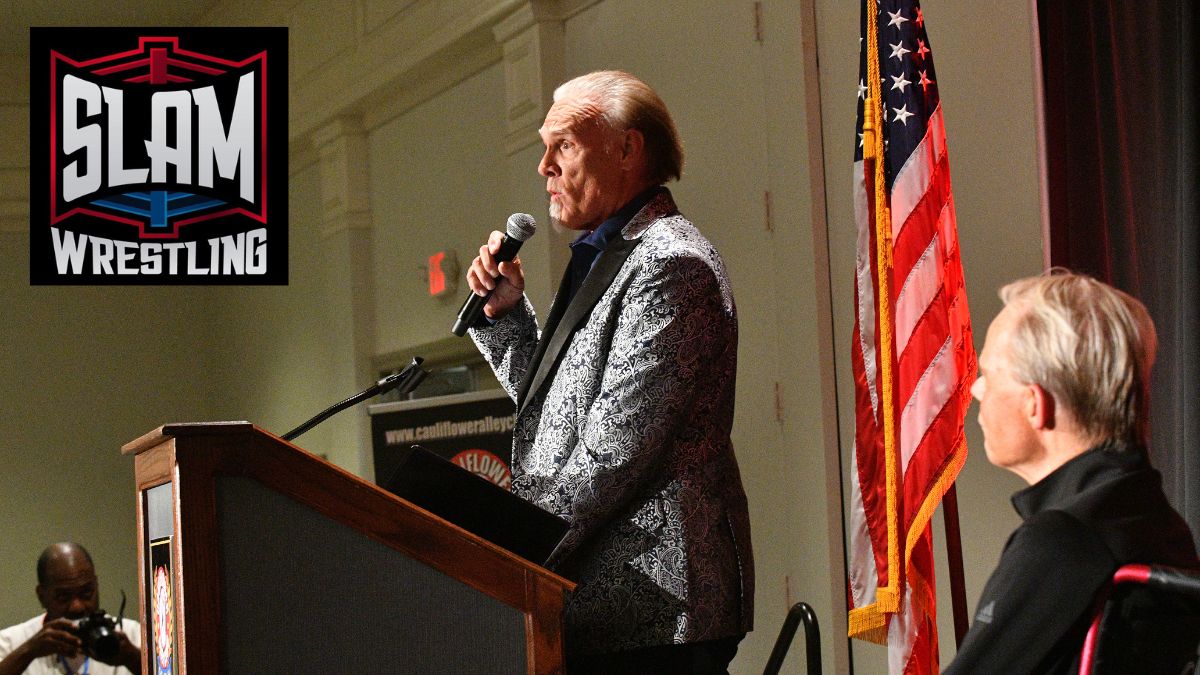 Lex Luger listens to Sting at the Cauliflower Alley Club reunion at the Plaza Hotel & Casino in Las Vegas on Tuesday, August 20, 2024. Photo by Scott Romer