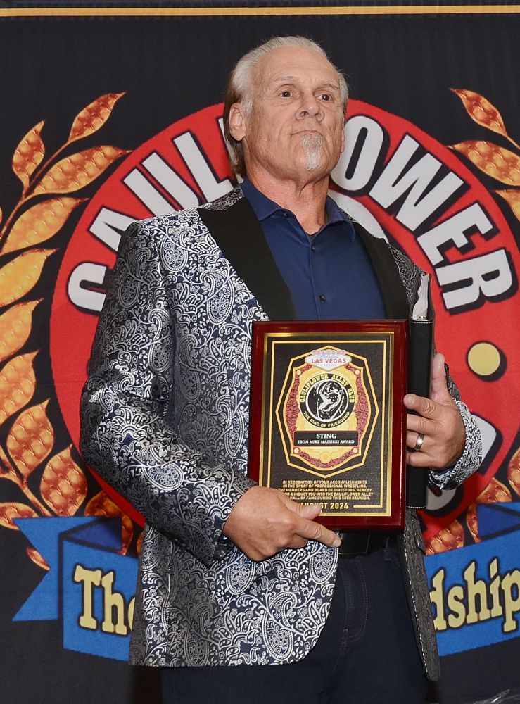 Sting with his Iron Mike Mazurki Award at the Cauliflower Alley Club reunion banquet at the Plaza Hotel & Casino in Las Vegas on Tuesday, August 20, 2024. Photo by Brad McFarlin