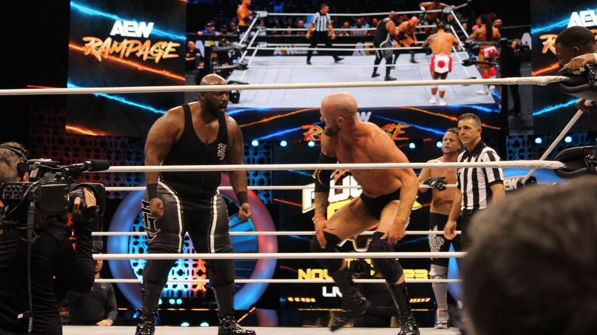 Shane Taylor (left) shrugs off Mike Bennett's chops at AEW Rampage, taped at the Maverik Center in Salt Lake City, Utah, on Wednesday, October 23, 2024. Photo by Tommy "Milagro" Martinez