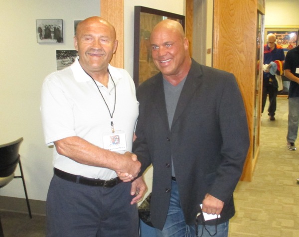 The Great Wojo Greg Wojciechowski and Kurt Angle at the 2015 Tragos/Thesz Hall of Fame induction ceremony in Waterloo, Iowa. Photo by Steven Johnson