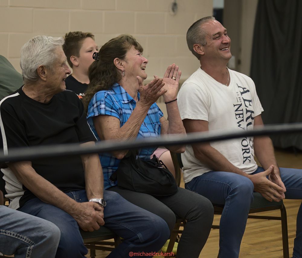Helen Peebles, with her husband Richard and son Scott, at a GCW show in Oshawa, Ontario, in July 2023. Photo by Michael Drukarsh