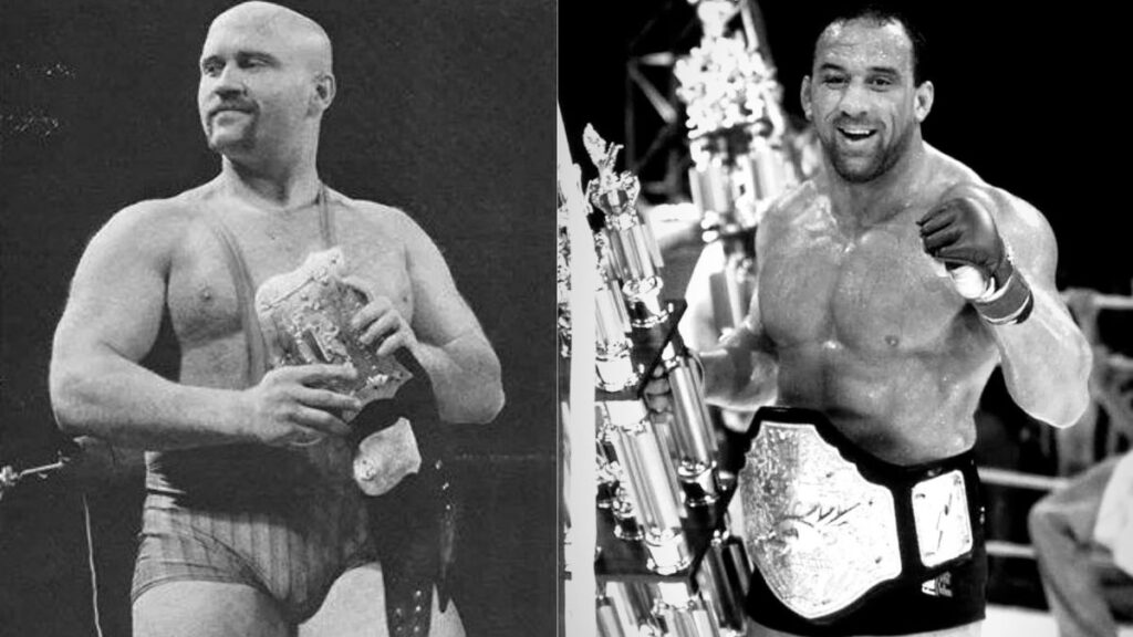 Left: The Great Wojo Greg Wojciechowski in a promo shot; right: Mark Coleman in his UFC prime. Facebook photo