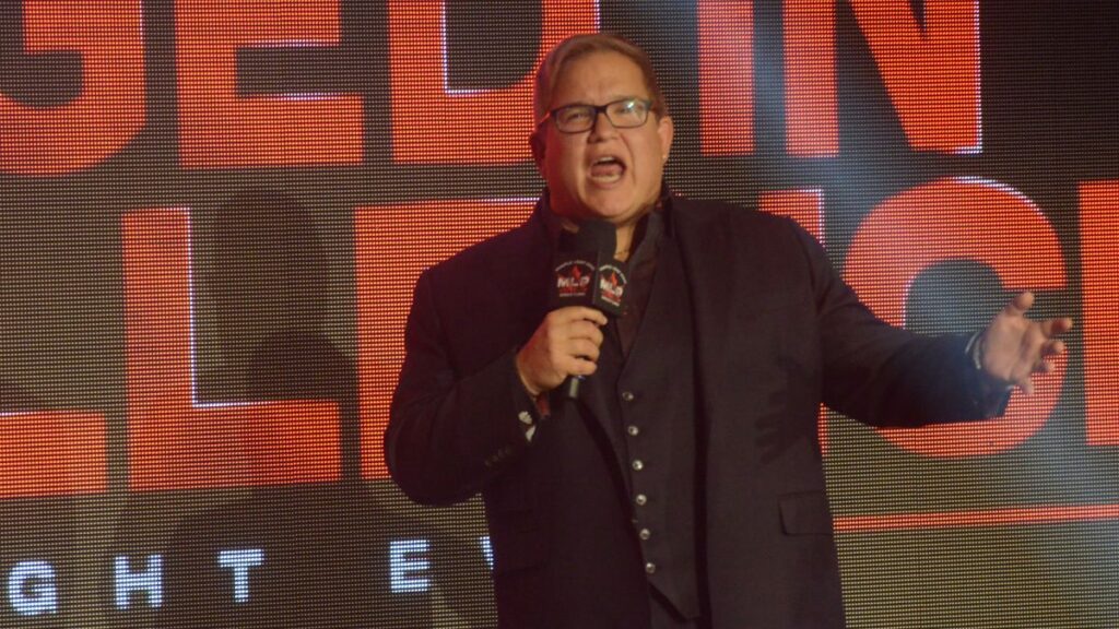 Windsor native Scott D'Amore pumps up his hometown crowd at the debut of Maple Leaf Pro Wrestling at St. Clair College in Windsor, Ontario, on Saturday, October 19, 2024. Photo by Brad McFarlin