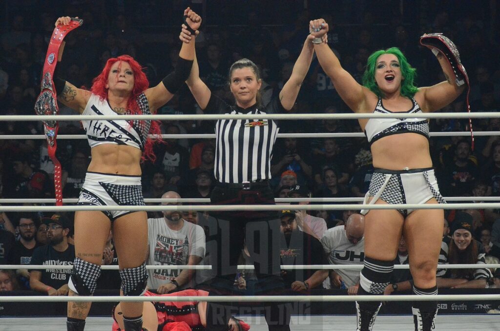 Knockouts Tag Team Champions Jody Threat & Dani Luna (Spitfire) at TNA Bound For Glory at the Wayne State University Fieldhouse in Detroit, Michigan, on Saturday, October 26, 2024. Photo by Brad McFarlin