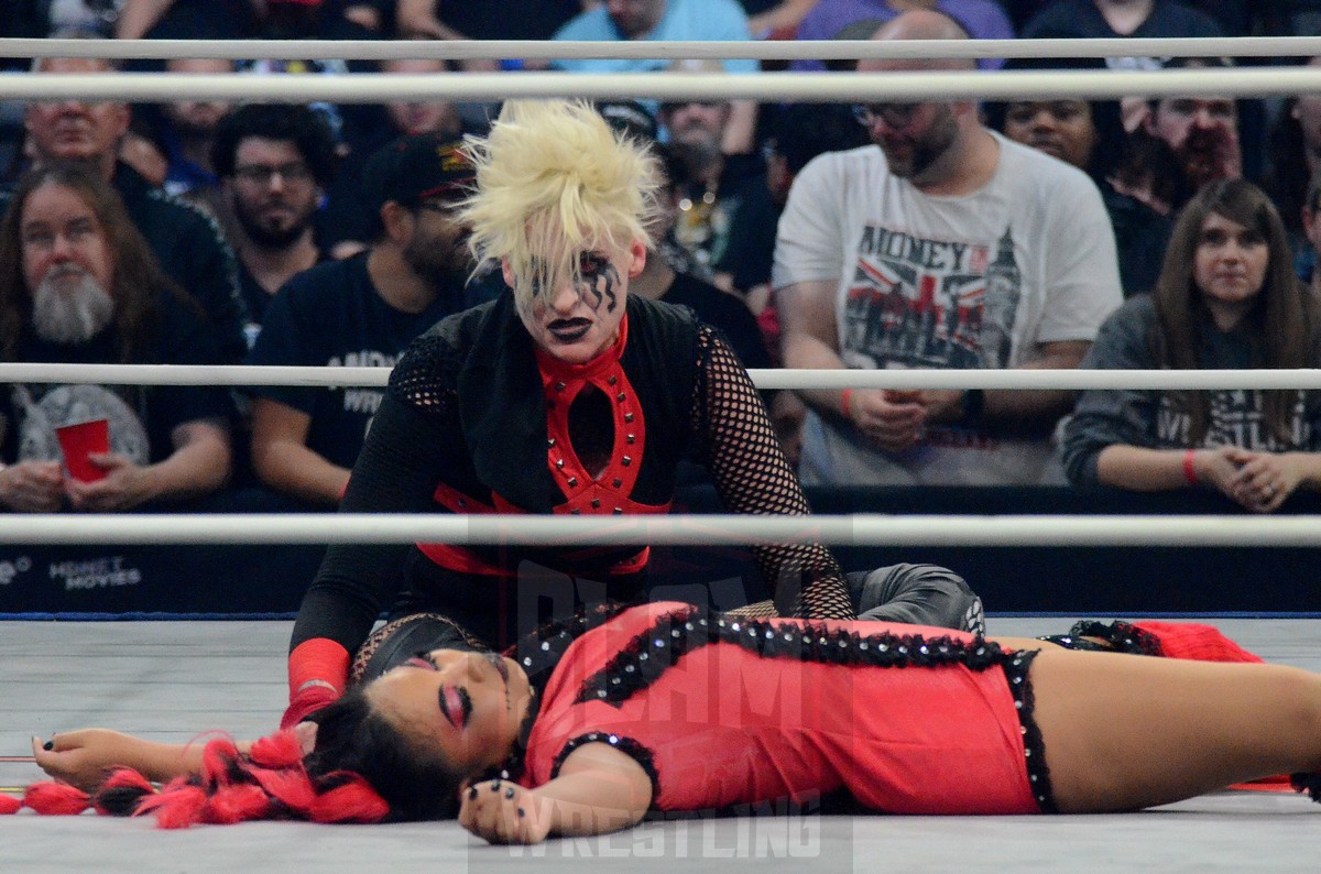 Rosemary attacks her partner Wendy Choo at TNA Bound For Glory at the Wayne State University Fieldhouse in Detroit, Michigan, on Saturday, October 26, 2024. Photo by Brad McFarlin