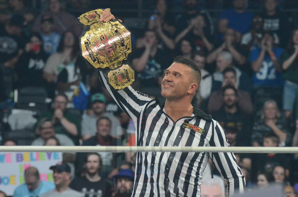 Special referee Frankie Kazarian at TNA Bound For Glory at the Wayne State University Fieldhouse in Detroit, Michigan, on Saturday, October 26, 2024. Photo by Brad McFarlin