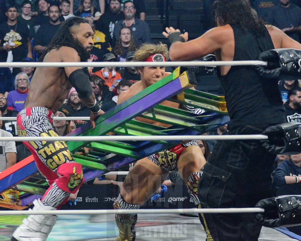 TNA World Tag Team Championship in a Full Metal Mayhem Match: Matt Hardy & Jeff Hardy (c) VS Brian Myers & Eddie Edwards VS Ace Austin & Chris Bey at TNA Bound For Glory at the Wayne State University Fieldhouse in Detroit, Michigan, on Saturday, October 26, 2024. Photo by Brad McFarlin