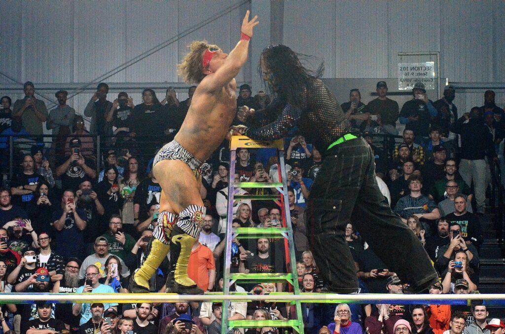 TNA World Tag Team Championship in a Full Metal Mayhem Match: Matt Hardy & Jeff Hardy (c) VS Brian Myers & Eddie Edwards VS Ace Austin & Chris Bey at TNA Bound For Glory at the Wayne State University Fieldhouse in Detroit, Michigan, on Saturday, October 26, 2024. Photo by Brad McFarlin