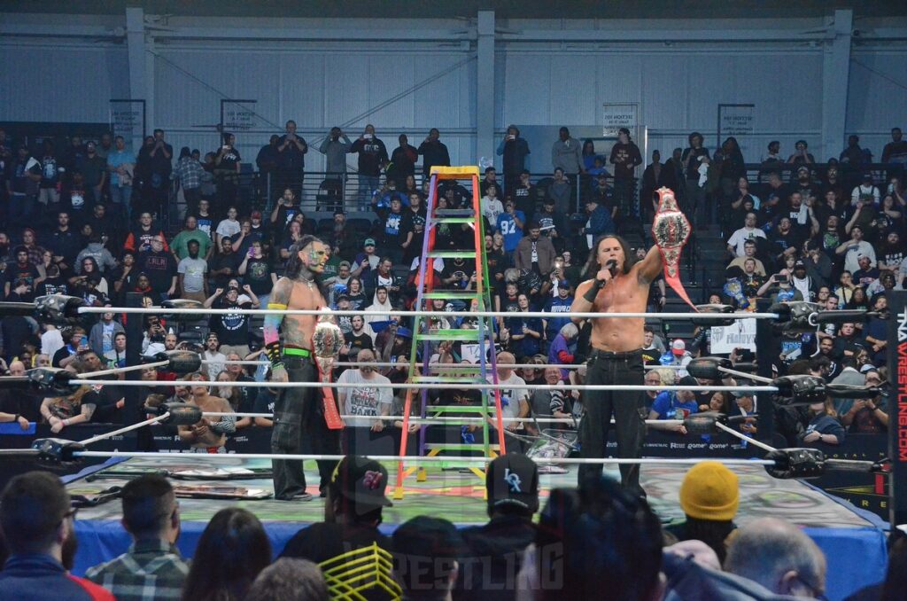 TNA World Tag Team Champions Matt Hardy & Jeff Hardy at TNA Bound For Glory at the Wayne State University Fieldhouse in Detroit, Michigan, on Saturday, October 26, 2024. Photo by Brad McFarlin