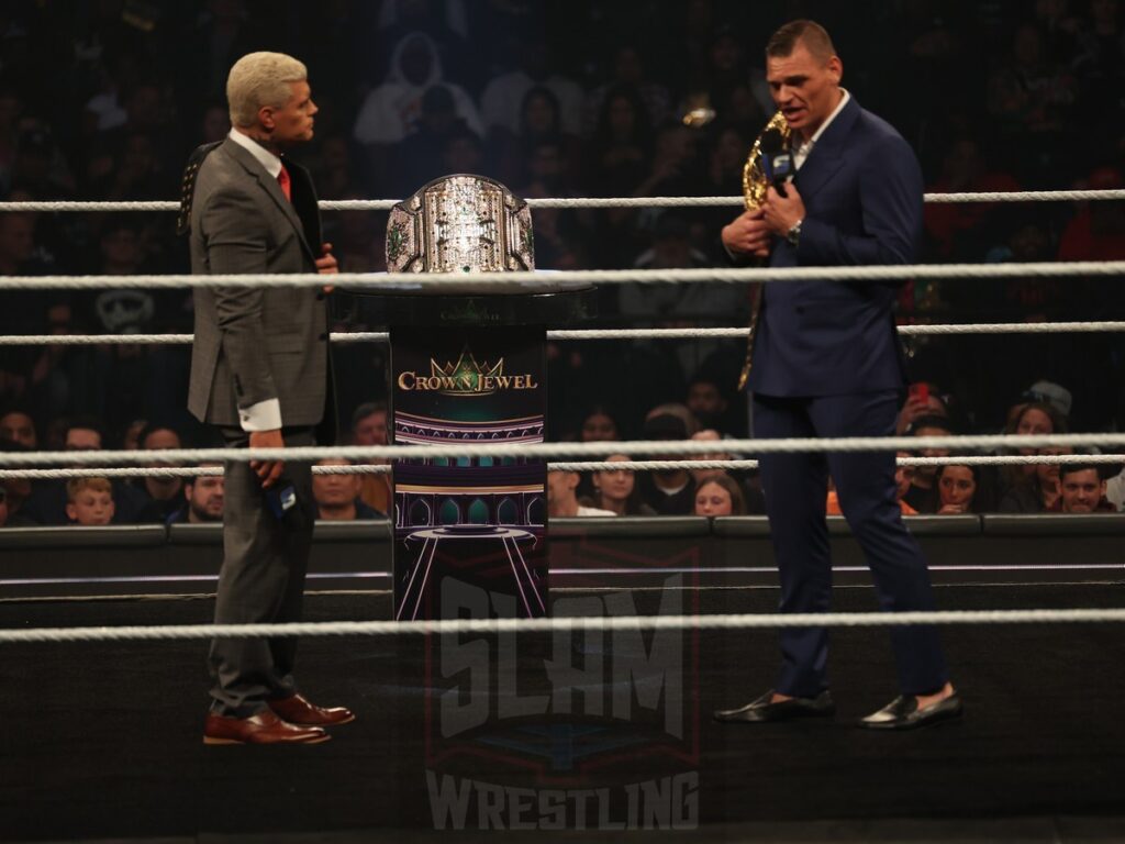 Cody Rhodes and Gunther talk about their bout at Crown Jewel at WWE Smackdown on Friday, October 25, 2024, at the Barclays Center in Brooklyn, NY. Photo by George Tahinos, https://georgetahinos.smugmug.com