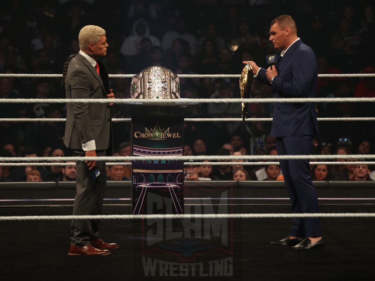 Cody Rhodes and Gunther talk about their bout at Crown Jewel at WWE Smackdown on Friday, October 25, 2024, at the Barclays Center in Brooklyn, NY. Photo by George Tahinos, https://georgetahinos.smugmug.com