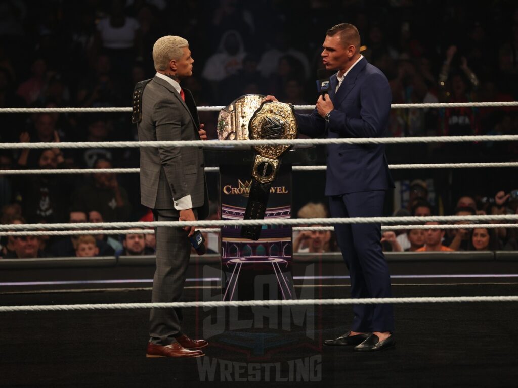 Cody Rhodes and Gunther talk about their bout at Crown Jewel at WWE Smackdown on Friday, October 25, 2024, at the Barclays Center in Brooklyn, NY. Photo by George Tahinos, https://georgetahinos.smugmug.com