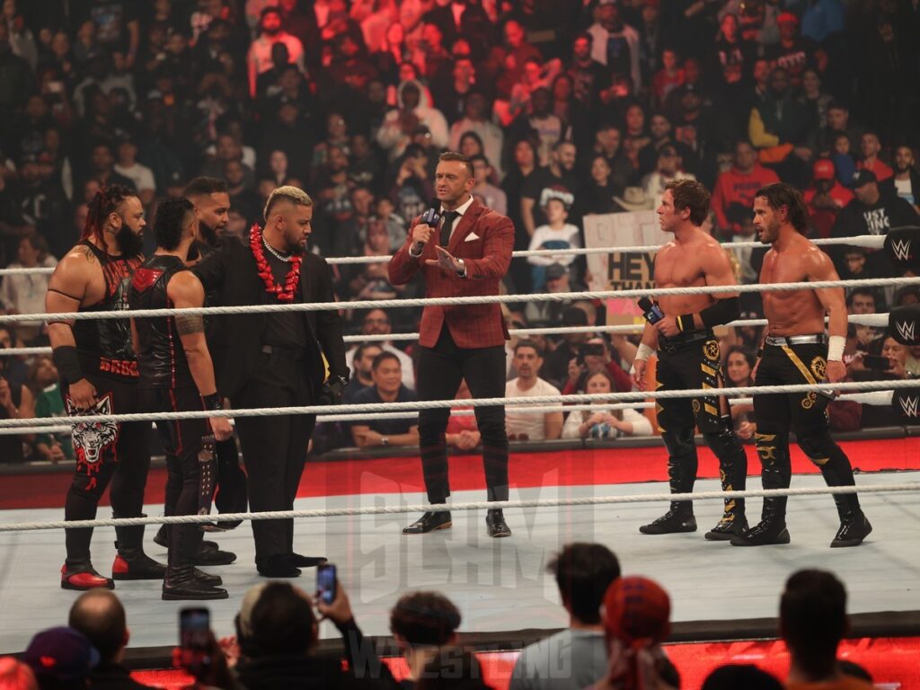 The Bloodline arrive to confront Motor City Machine Guns (Chris Sabin and Alex Shelley) with GM Nick Aldis in the middle at WWE Smackdown on Friday, October 25, 2024, at the Barclays Center in Brooklyn, NY. Photo by George Tahinos, https://georgetahinos.smugmug.com