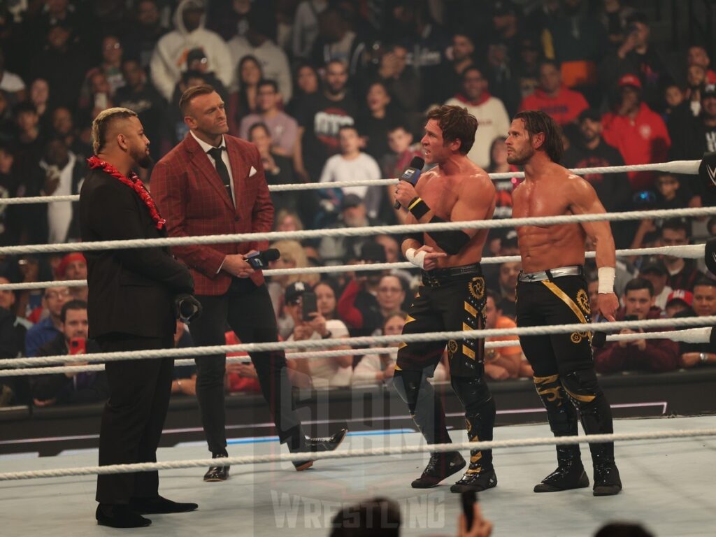 The Bloodline arrive to confront Motor City Machine Guns (Chris Sabin and Alex Shelley) with GM Nick Aldis in the middle at WWE Smackdown on Friday, October 25, 2024, at the Barclays Center in Brooklyn, NY. Photo by George Tahinos, https://georgetahinos.smugmug.com