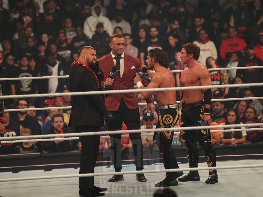 The Bloodline arrive to confront Motor City Machine Guns (Chris Sabin and Alex Shelley) with GM Nick Aldis in the middle at WWE Smackdown on Friday, October 25, 2024, at the Barclays Center in Brooklyn, NY. Photo by George Tahinos, https://georgetahinos.smugmug.com