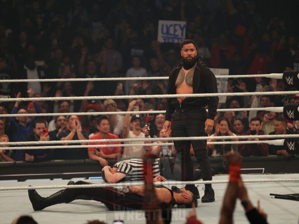 A mysterious figure is Jey Uso during the Tag Team Championship match between The Bloodline vs Motor City Machine Guns (Chris Sabin and Alex Shelley) at WWE Smackdown on Friday, October 25, 2024, at the Barclays Center in Brooklyn, NY. Photo by George Tahinos, https://georgetahinos.smugmug.com