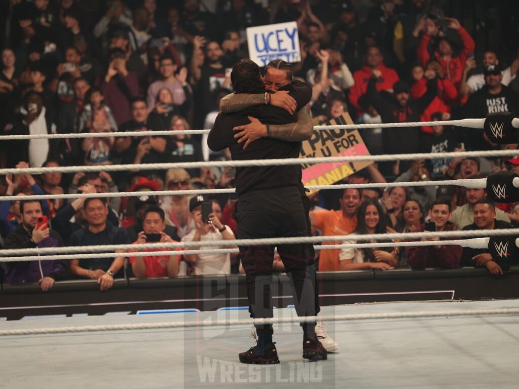 Jey and Jimmy Uso reunite at WWE Smackdown on Friday, October 25, 2024, at the Barclays Center in Brooklyn, NY. Photo by George Tahinos, https://georgetahinos.smugmug.com