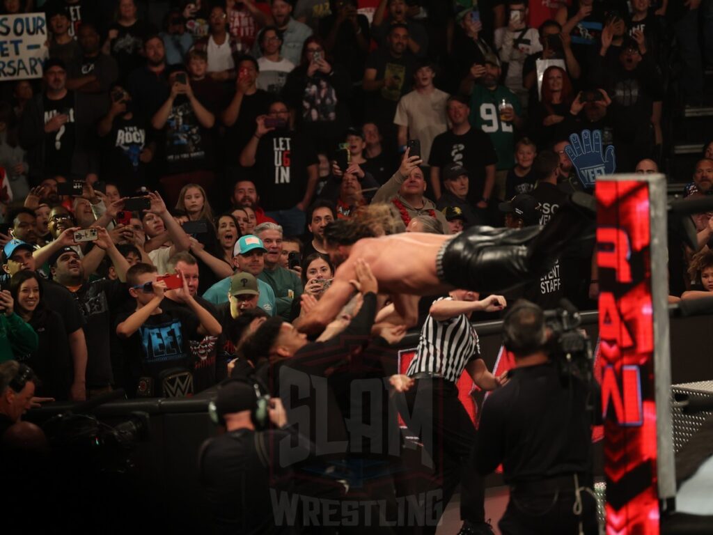 Seth Rollins and Bronson Reed brawl at WWE Monday Night Raw at the Wells Fargo Center in Philadelphia, PA, on October 21, 2024. Photo by George Tahinos, georgetahinos.smugmug.com